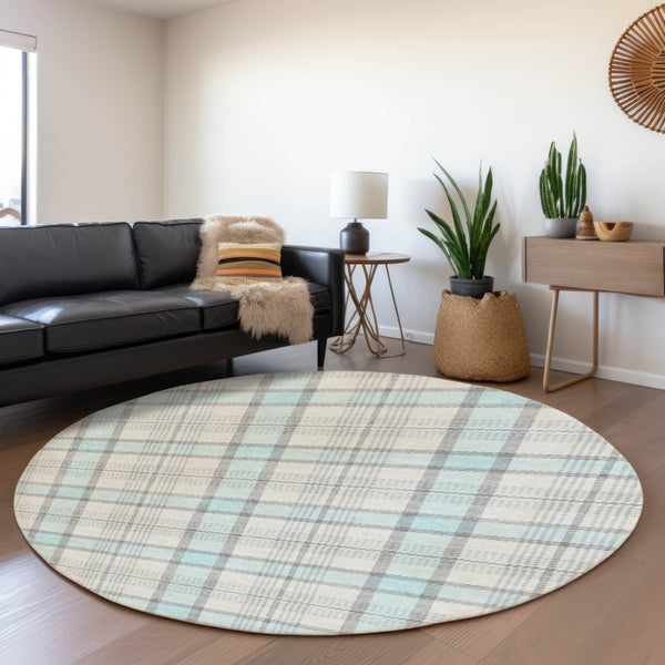HomeRoots 8' Sky Blue, Ivory & Gray Plaid Washable Round Rug with UV Protection for Easy Care & Style 682514