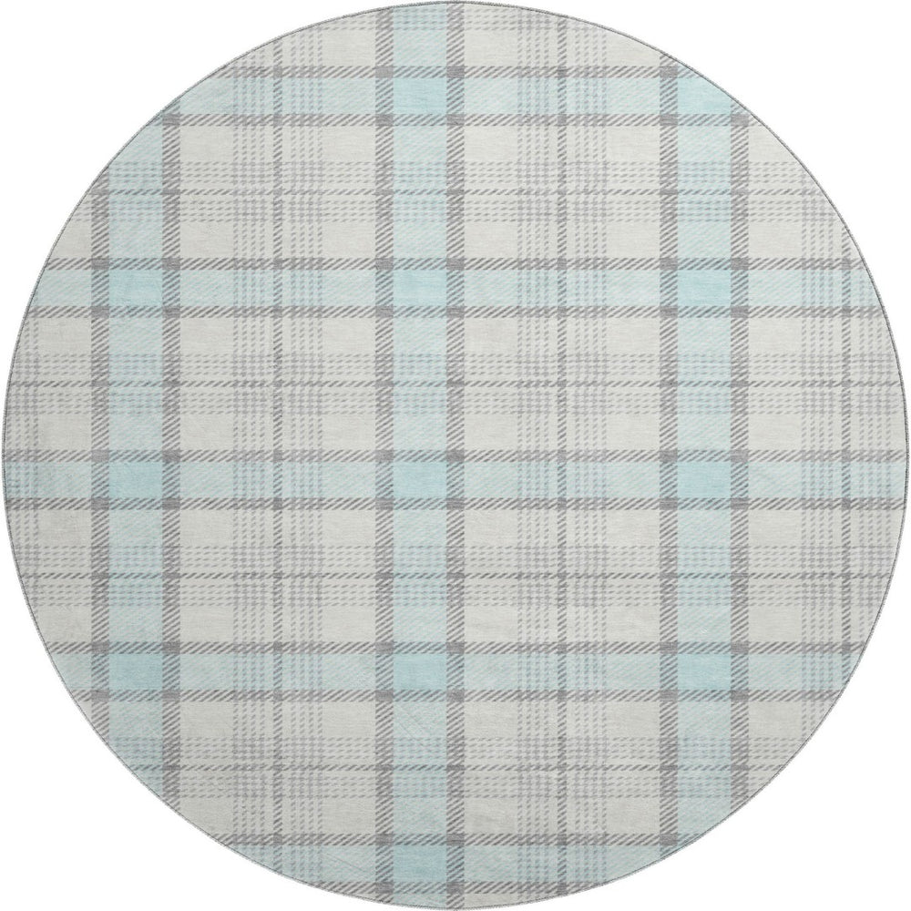 HomeRoots 8' Sky Blue, Ivory & Gray Plaid Washable Round Rug with UV Protection for Easy Care & Style 682514