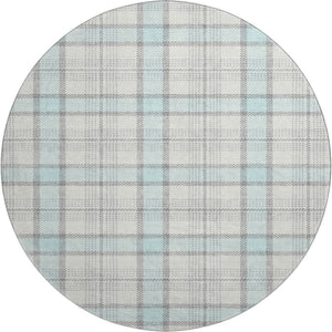 HomeRoots 8' Sky Blue, Ivory & Gray Plaid Washable Round Rug with UV Protection for Easy Care & Style 682514