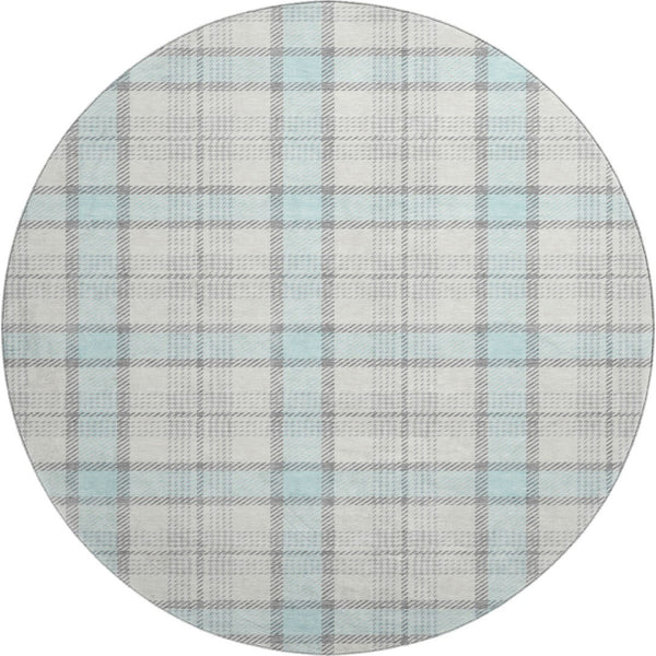 HomeRoots 8' Sky Blue, Ivory & Gray Plaid Washable Round Rug with UV Protection for Easy Care & Style 682514