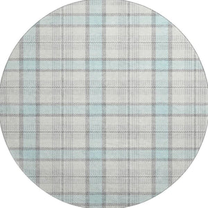 HomeRoots 8' Sky Blue, Ivory & Gray Plaid Washable Round Rug with UV Protection for Easy Care & Style 682514