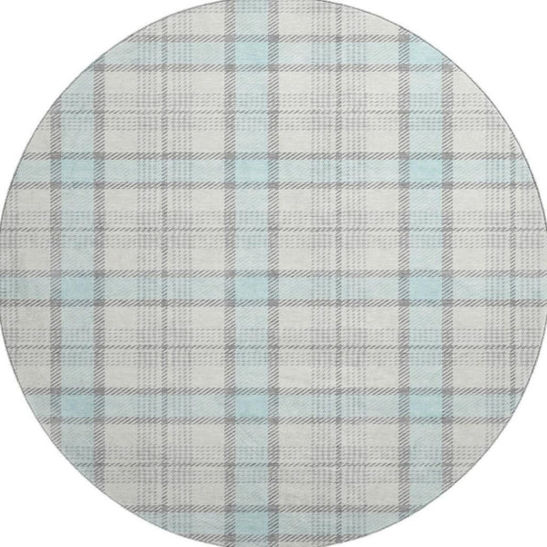 HomeRoots 8' Sky Blue, Ivory & Gray Plaid Washable Round Rug with UV Protection for Easy Care & Style 682514