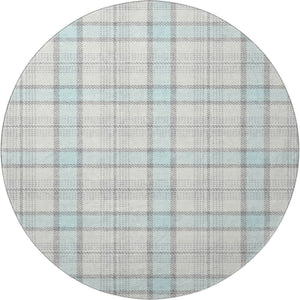 HomeRoots 8' Sky Blue, Ivory & Gray Plaid Washable Round Rug with UV Protection for Easy Care & Style 682514