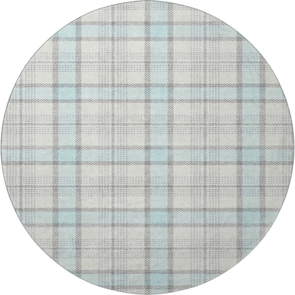 HomeRoots 8' Sky Blue, Ivory & Gray Plaid Washable Round Rug with UV Protection for Easy Care & Style 682514