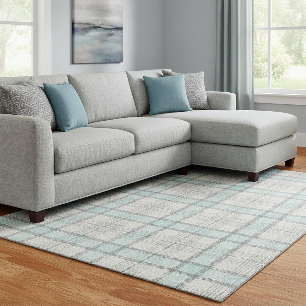HomeRoots 8' X 10' Sky Blue and Gray Plaid Washable Area Rug with UV Protection for Stylish, Easy Living Spaces 682515