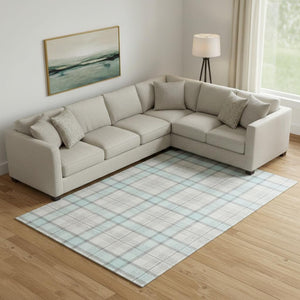 HomeRoots 9' X 12' Sky Blue Ivory Gray Plaid Washable Area Rug - Durable, UV-Protected, Stain-Resistant Design 682516