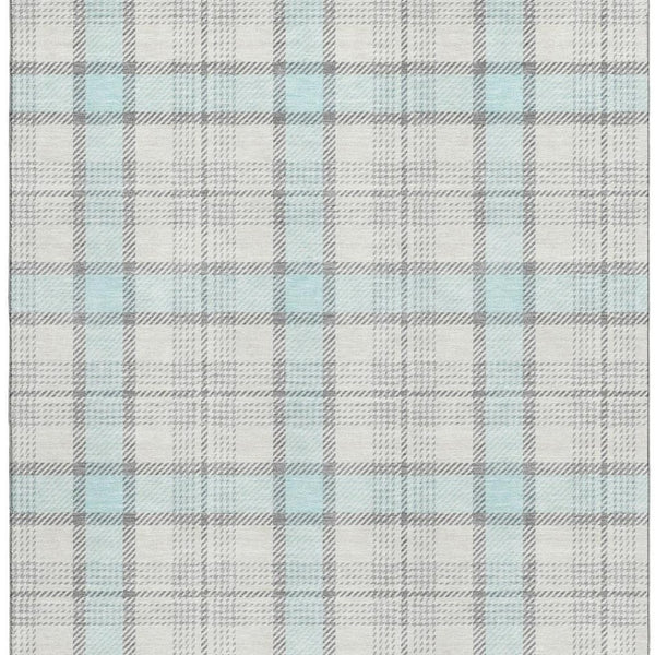 HomeRoots 9' X 12' Sky Blue Ivory Gray Plaid Washable Area Rug - Durable, UV-Protected, Stain-Resistant Design 682516