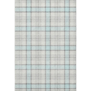 HomeRoots 9' X 12' Sky Blue Ivory Gray Plaid Washable Area Rug - Durable, UV-Protected, Stain-Resistant Design 682516