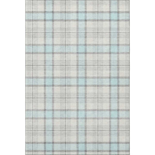 HomeRoots 9' X 12' Sky Blue Ivory Gray Plaid Washable Area Rug - Durable, UV-Protected, Stain-Resistant Design 682516