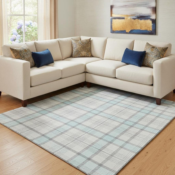 HomeRoots 10' X 14' Sky Blue Plaid Area Rug - Washable, UV Protected, Durable Design for High-Traffic Spaces 682517