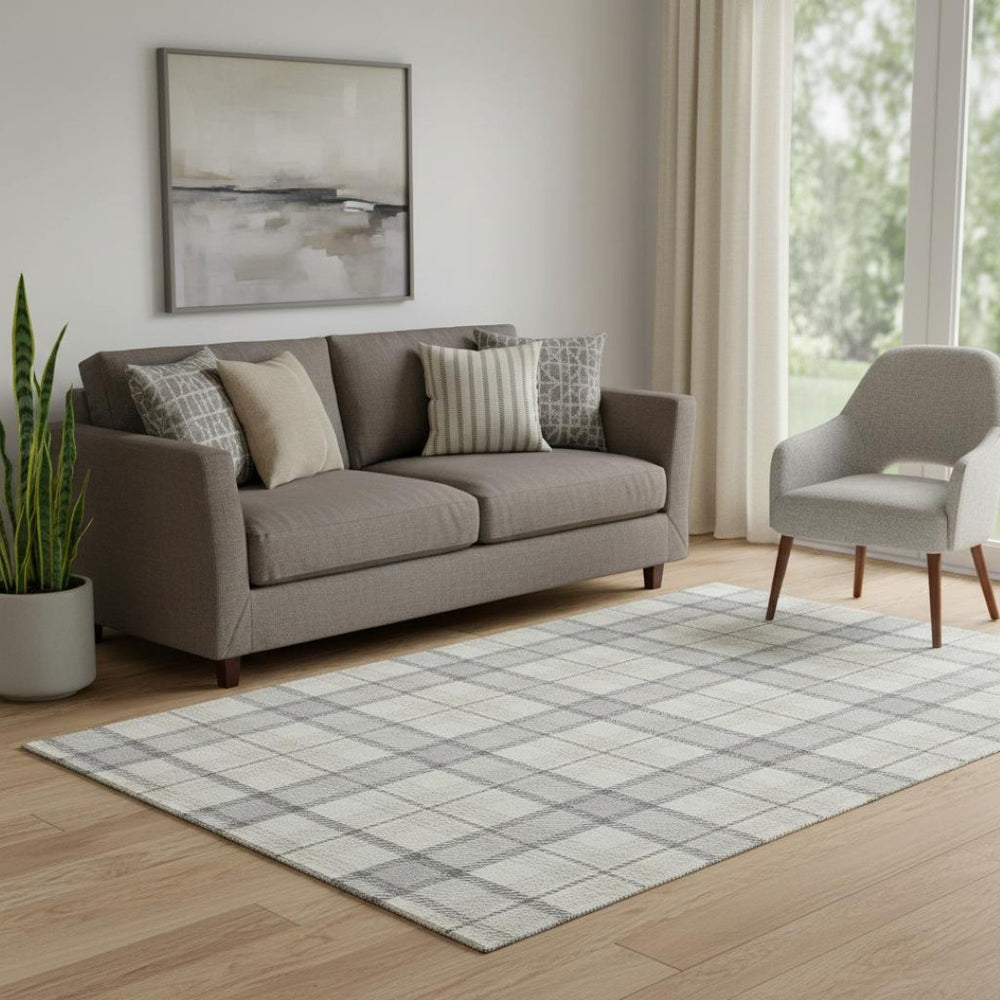 HomeRoots 5' X 8' Stylish Silver Ivory Gray Plaid Area Rug - Washable, UV-Protected, Durable for High-Traffic Areas 682519