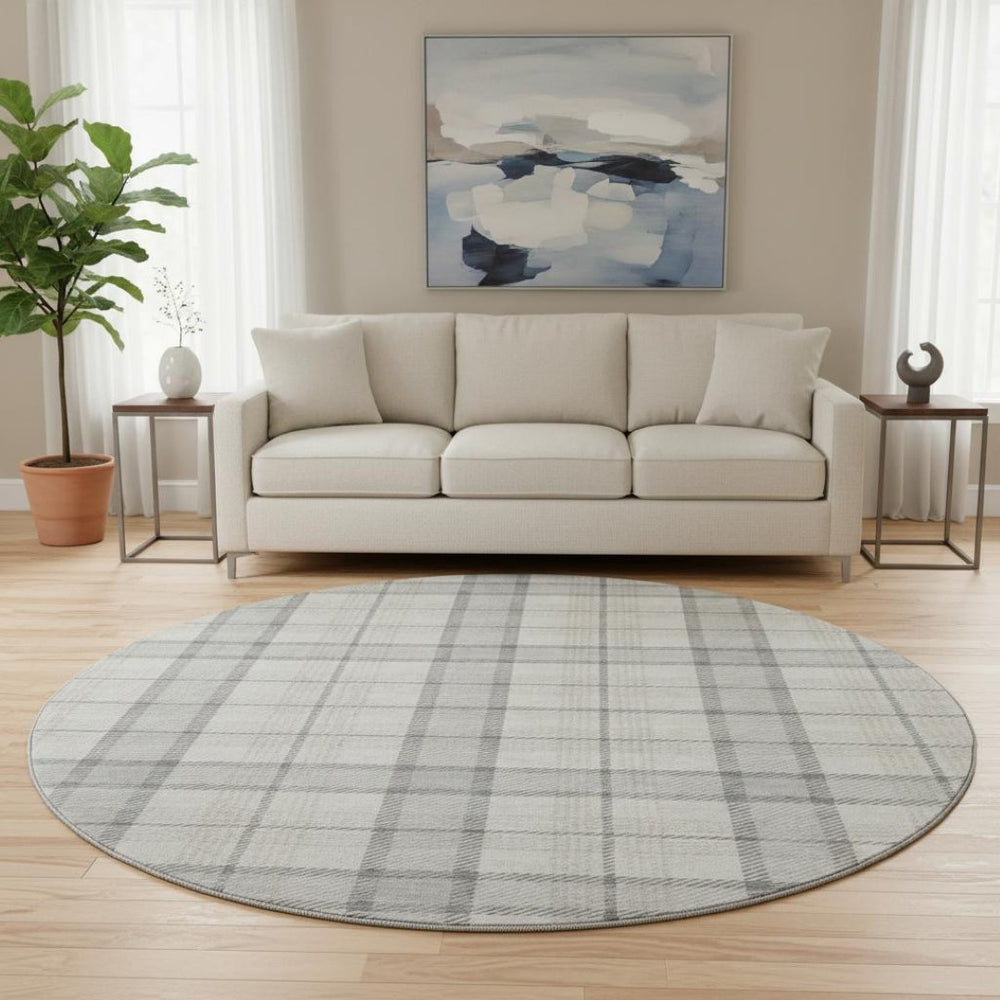 HomeRoots 8' Silver Ivory and Gray Plaid Washable Round Rug - UV Protected, Durable, Stylish, Easy Care Solution 682520