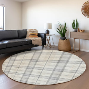 HomeRoots 8' Silver Ivory and Gray Plaid Washable Round Rug - UV Protected, Durable, Stylish, Easy Care Solution 682520