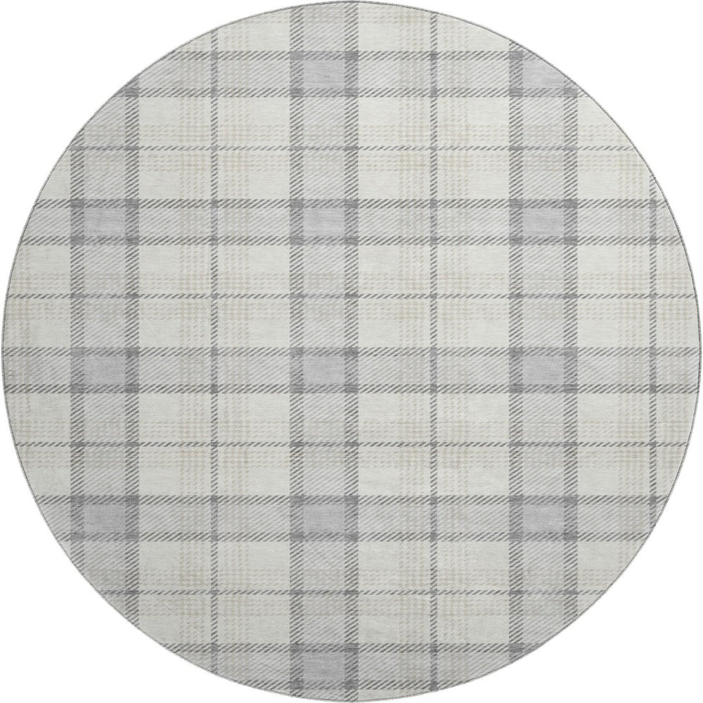 HomeRoots 8' Silver Ivory and Gray Plaid Washable Round Rug - UV Protected, Durable, Stylish, Easy Care Solution 682520