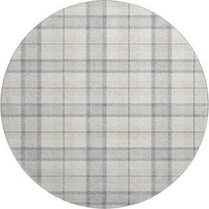 HomeRoots 8' Silver Ivory and Gray Plaid Washable Round Rug - UV Protected, Durable, Stylish, Easy Care Solution 682520