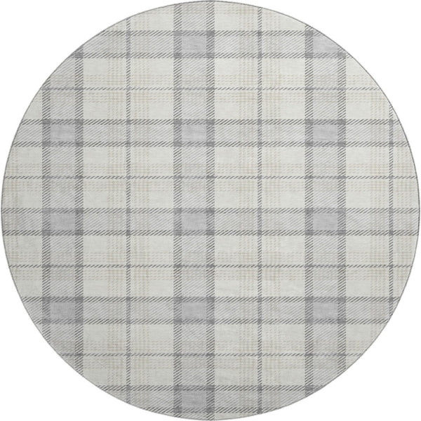 HomeRoots 8' Silver Ivory and Gray Plaid Washable Round Rug - UV Protected, Durable, Stylish, Easy Care Solution 682520
