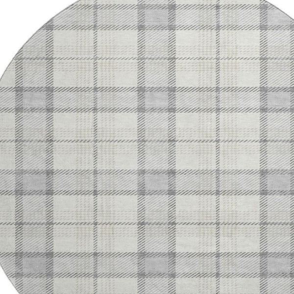 HomeRoots 8' Silver Ivory and Gray Plaid Washable Round Rug - UV Protected, Durable, Stylish, Easy Care Solution 682520