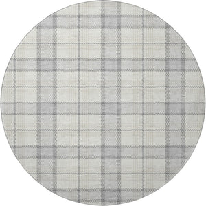 HomeRoots 8' Silver Ivory and Gray Plaid Washable Round Rug - UV Protected, Durable, Stylish, Easy Care Solution 682520