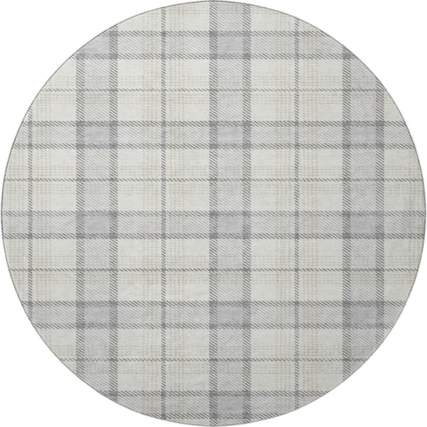 HomeRoots 8' Silver Ivory and Gray Plaid Washable Round Rug - UV Protected, Durable, Stylish, Easy Care Solution 682520