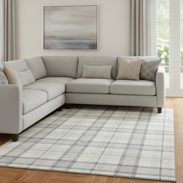 HomeRoots 8' X 10' Stylish Silver Ivory Gray Plaid Washable Area Rug with UV Protection for Busy Homes 682521