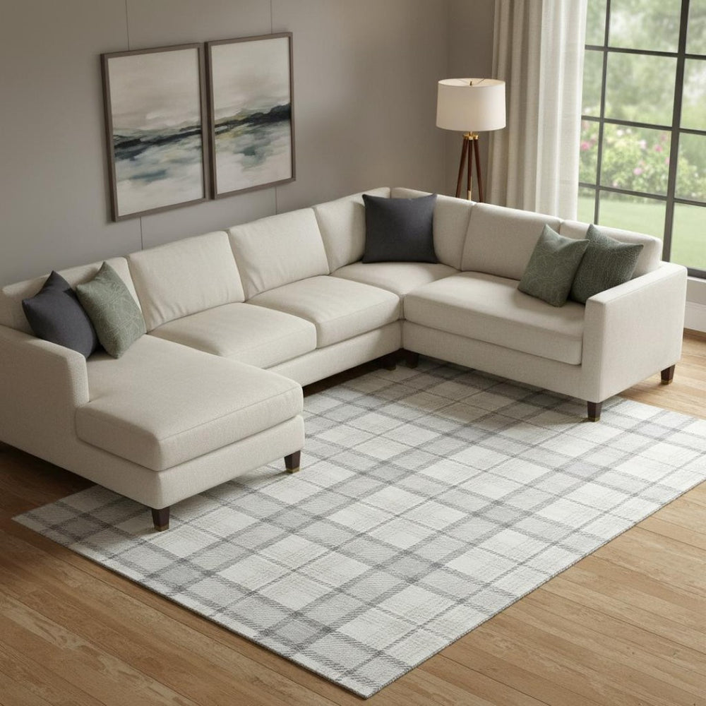 HomeRoots 9' X 12' Elegant Silver Ivory Gray Plaid Washable Area Rug with Durable UV Protection & Style 682522