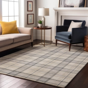 HomeRoots 9' X 12' Elegant Silver Ivory Gray Plaid Washable Area Rug with Durable UV Protection & Style 682522