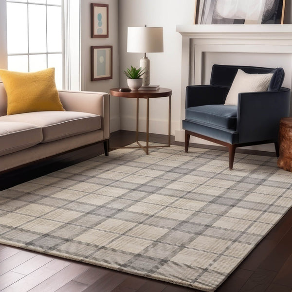 HomeRoots 9' X 12' Elegant Silver Ivory Gray Plaid Washable Area Rug with Durable UV Protection & Style 682522