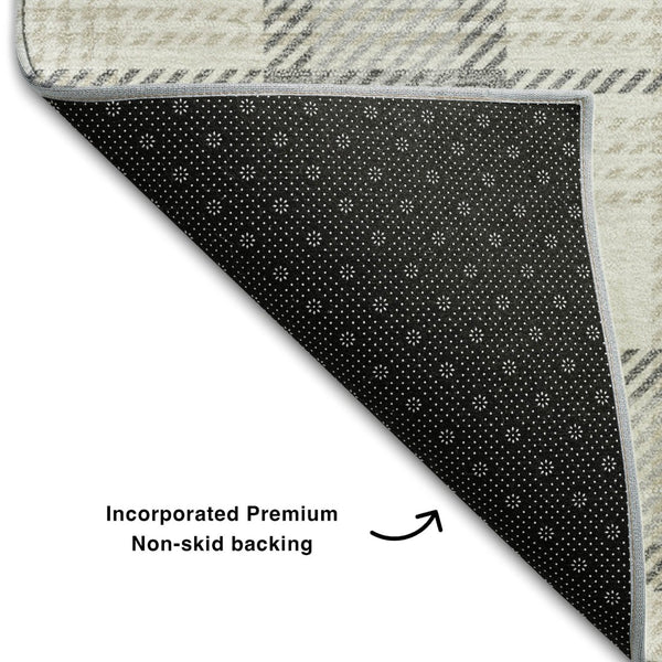 HomeRoots 9' X 12' Elegant Silver Ivory Gray Plaid Washable Area Rug with Durable UV Protection & Style 682522