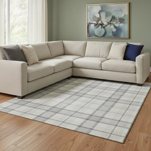 HomeRoots 10' X 14' Silver Ivory Gray Plaid Area Rug – Washable, UV Protected, Durable & Family-Friendly Design 682523