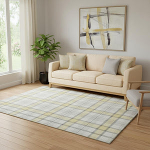 HomeRoots 5' Yellow, Ivory & Gray Plaid Washable Area Rug - Stain Resistant, UV Protected & Easy Care! 682525