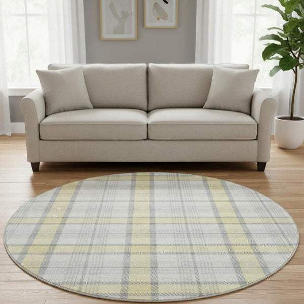 HomeRoots 8' Yellow Ivory and Gray Plaid Washable Round Rug – Durable, Stain-Resistant, UV Protected Design! 682526