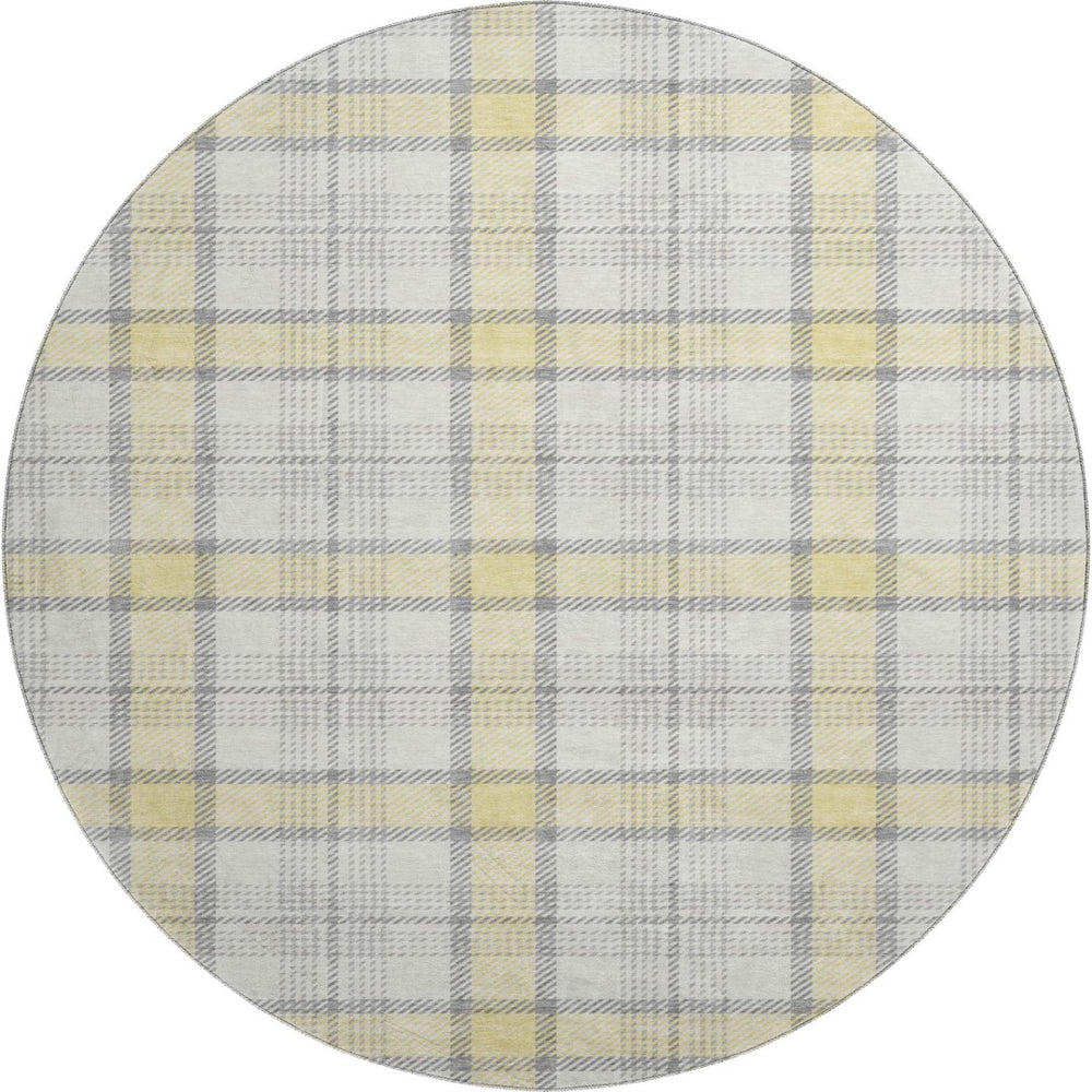 HomeRoots 8' Yellow Ivory and Gray Plaid Washable Round Rug – Durable, Stain-Resistant, UV Protected Design! 682526