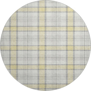 HomeRoots 8' Yellow Ivory and Gray Plaid Washable Round Rug – Durable, Stain-Resistant, UV Protected Design! 682526