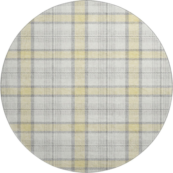 HomeRoots 8' Yellow Ivory and Gray Plaid Washable Round Rug – Durable, Stain-Resistant, UV Protected Design! 682526