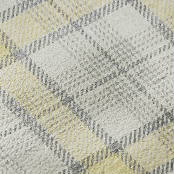 HomeRoots 8' Yellow Ivory and Gray Plaid Washable Round Rug – Durable, Stain-Resistant, UV Protected Design! 682526