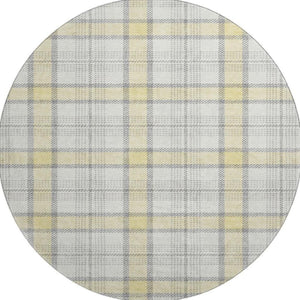HomeRoots 8' Yellow Ivory and Gray Plaid Washable Round Rug – Durable, Stain-Resistant, UV Protected Design! 682526
