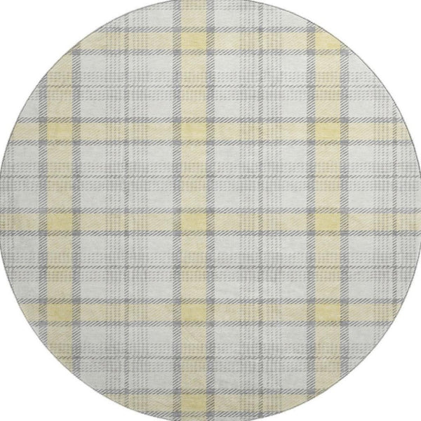 HomeRoots 8' Yellow Ivory and Gray Plaid Washable Round Rug – Durable, Stain-Resistant, UV Protected Design! 682526