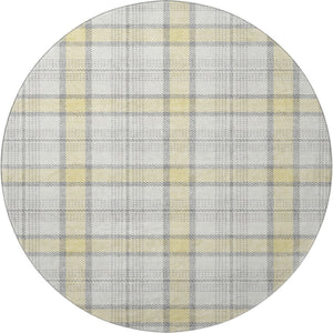 HomeRoots 8' Yellow Ivory and Gray Plaid Washable Round Rug – Durable, Stain-Resistant, UV Protected Design! 682526