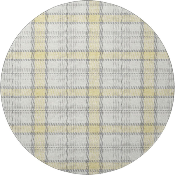 HomeRoots 8' Yellow Ivory and Gray Plaid Washable Round Rug – Durable, Stain-Resistant, UV Protected Design! 682526