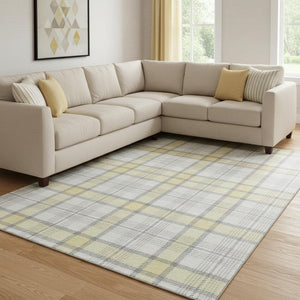 HomeRoots 8' X 10' Stylish Yellow Ivory and Gray Plaid Washable Area Rug with UV Protection for Homes 682527