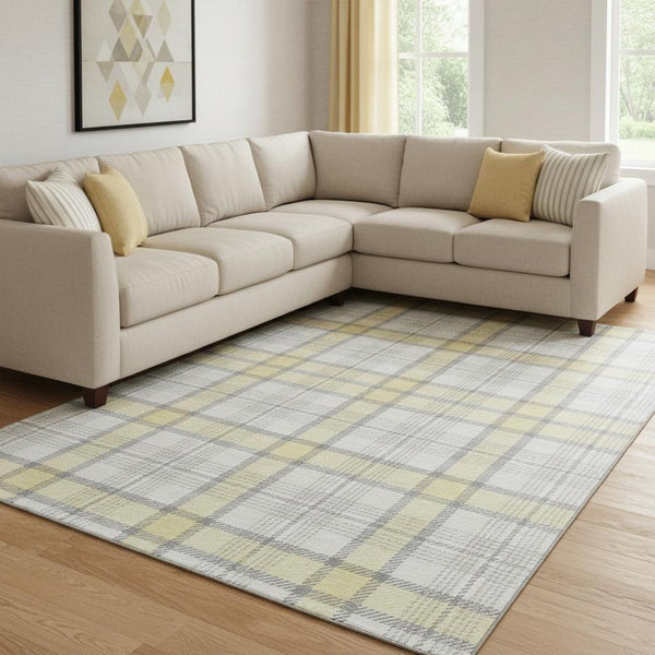HomeRoots 8' X 10' Stylish Yellow Ivory and Gray Plaid Washable Area Rug with UV Protection for Homes 682527