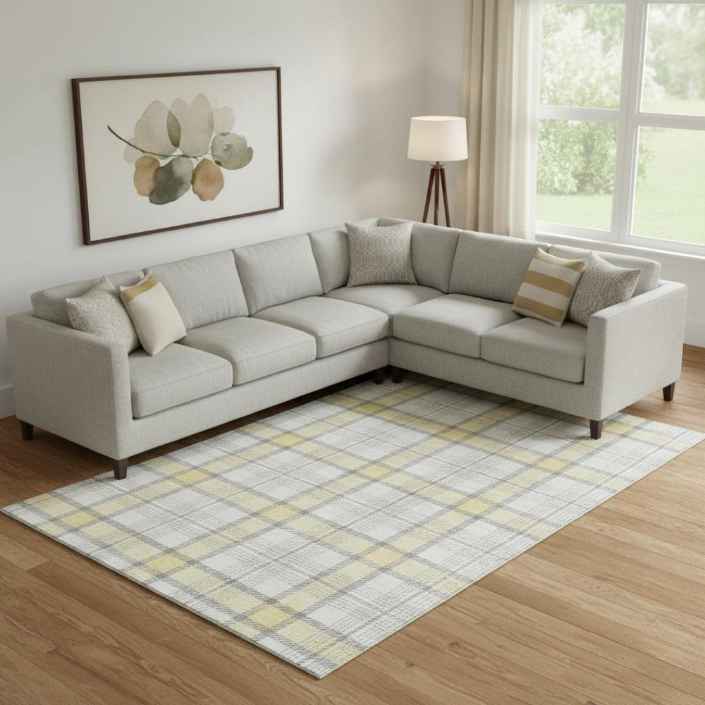 HomeRoots 9' X 12' Yellow Ivory Gray Plaid Area Rug – Stylish, Washable, UV Protected for High-Traffic Homes 682528