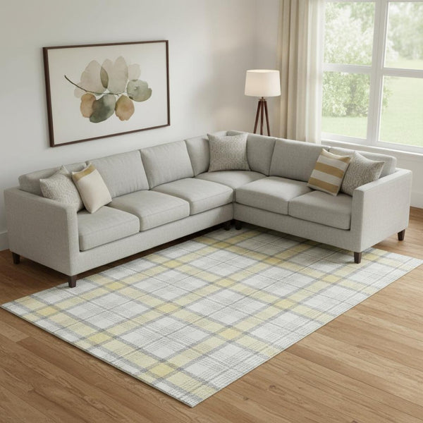 HomeRoots 9' X 12' Yellow Ivory Gray Plaid Area Rug – Stylish, Washable, UV Protected for High-Traffic Homes 682528