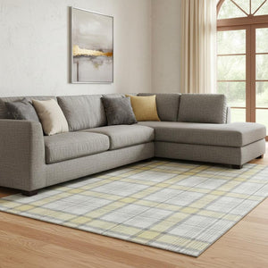 HomeRoots 10' Classic Washable Yellow, Ivory, and Gray Plaid Area Rug with UV Protection for Family Spaces 682529