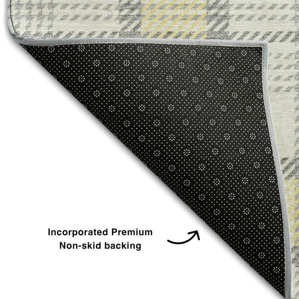 HomeRoots 10' Classic Washable Yellow, Ivory, and Gray Plaid Area Rug with UV Protection for Family Spaces 682529