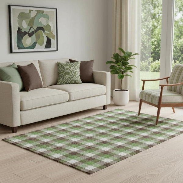 HomeRoots 5' X 8' Washable Plaid Area Rug in Brown, Ivory & Green - UV Protected, Stain Resistant, Durable Design 682531