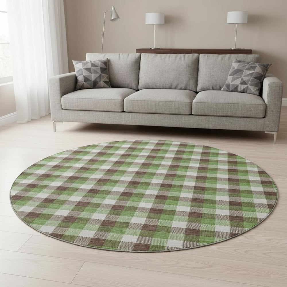 HomeRoots 8' Washable Round Rug with UV Protection - Classic Brown, Ivory & Green Plaid for Stylish Durability 682532