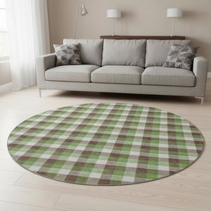 HomeRoots 8' Washable Round Rug with UV Protection - Classic Brown, Ivory & Green Plaid for Stylish Durability 682532