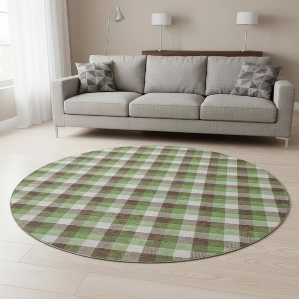 HomeRoots 8' Washable Round Rug with UV Protection - Classic Brown, Ivory & Green Plaid for Stylish Durability 682532