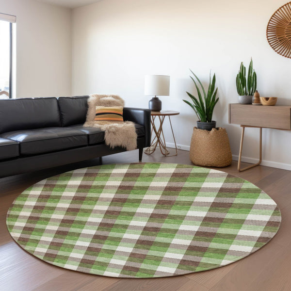 HomeRoots 8' Washable Round Rug with UV Protection - Classic Brown, Ivory & Green Plaid for Stylish Durability 682532